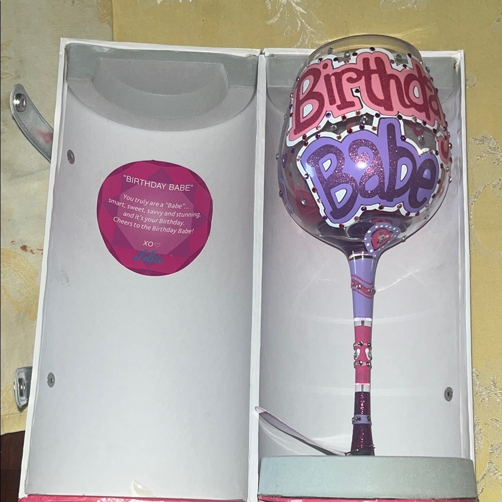 Lolita Pink and Purple Birthday Wine Glass 10” NIB